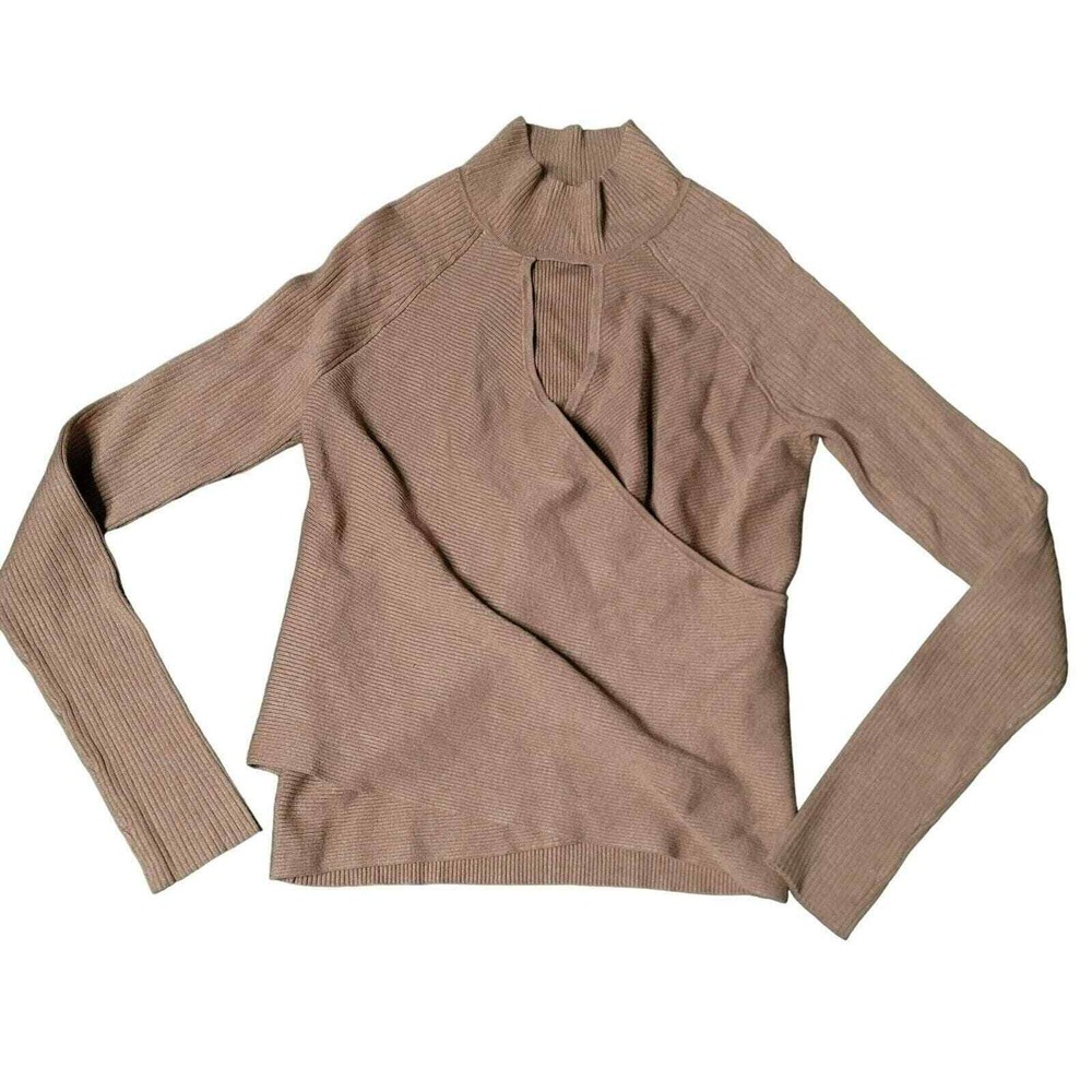 INC Tan Sweater Long Sleeve Surplice Crossover Keyhole High‎ Neck Classic L